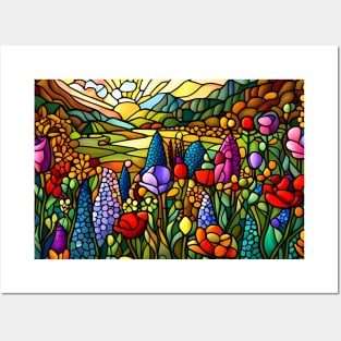 Stained Glass Colorful Mountain Meadow Posters and Art